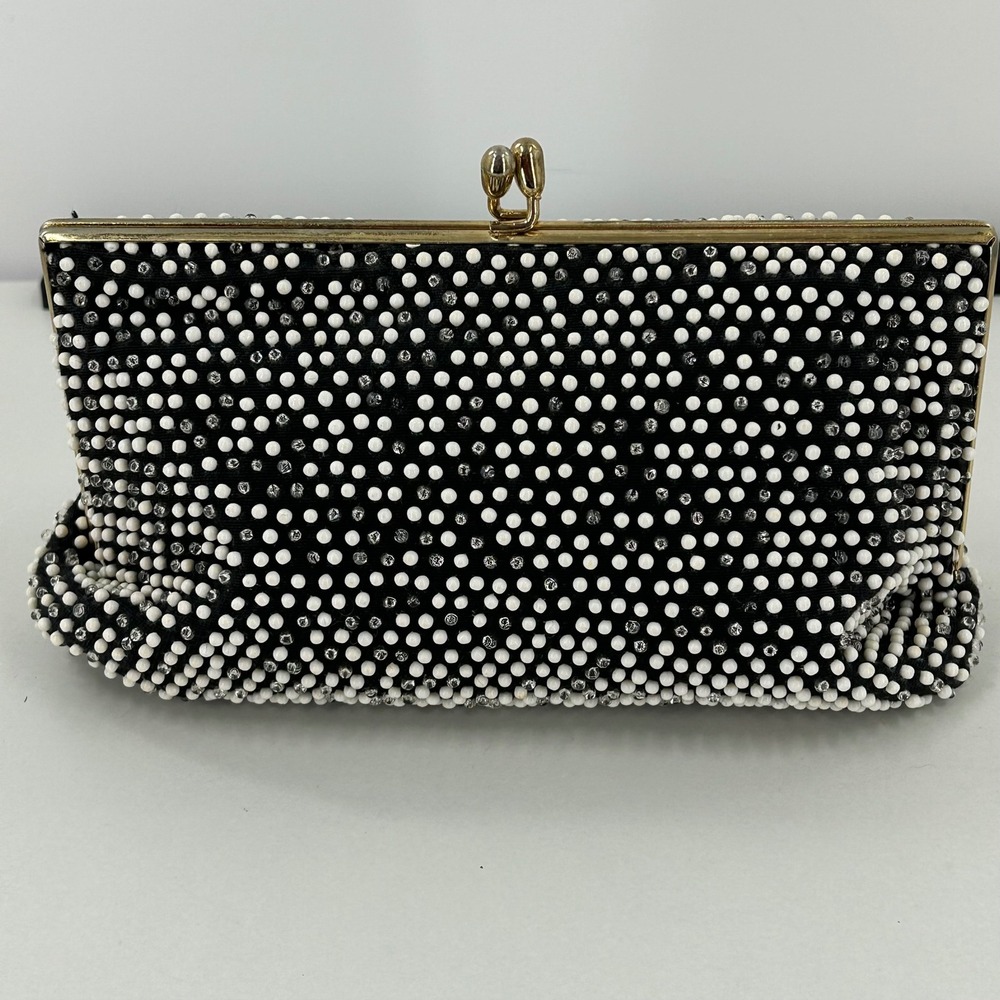 Vintage Lumured Corde Bead Clutch Bag Black White Beaded Kiss Lock Evening Purse